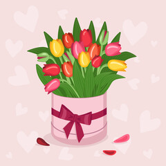 Box with yellow tulips and purple envelope for Valentine Day, Women Day, Mother Day. A gift for a girl, mom, grandmother, girlfriend. Vector flat illustration