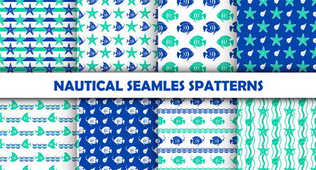 Set of sea and nautical seamless patterns. Vector illustration