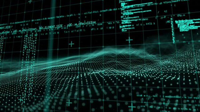 Animation of waving green mesh over data processing on green grid