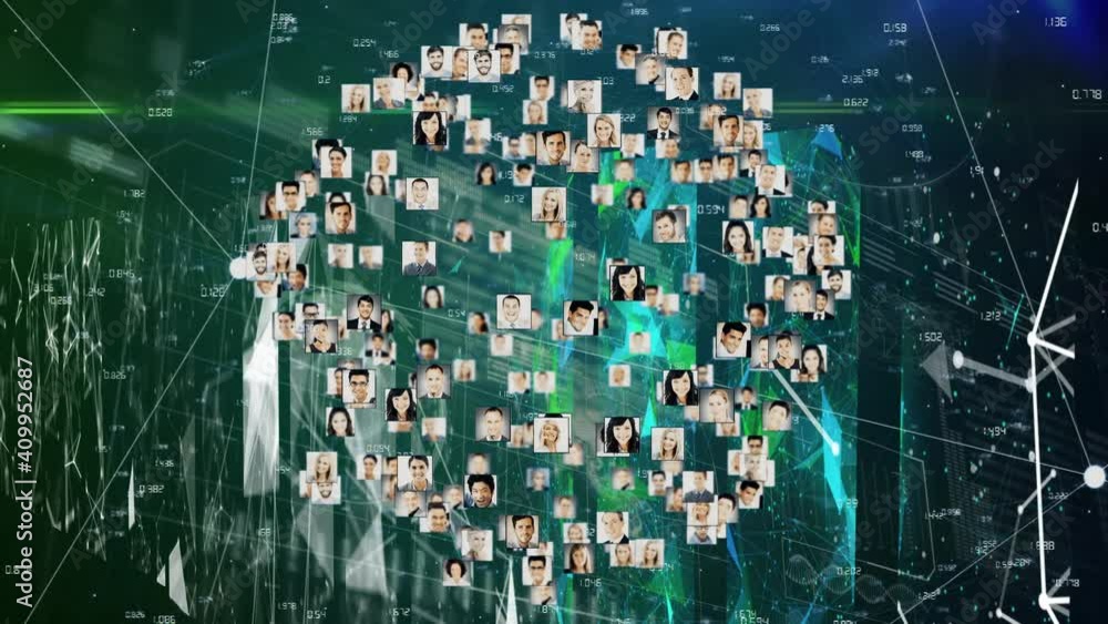 Poster digital composition of globe of multiple profile icons spinning against plexus networks on green bac