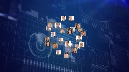 Digital composition of globe of multiple profile icons spinning against digital interface with data - Powered by Adobe