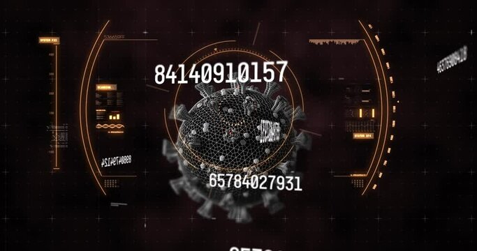 Digital animation of multiple changing numbers floating against scope scanning covid-19 cell on blac