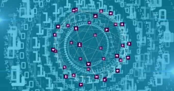 Animation of network of connections with icons over binary coding