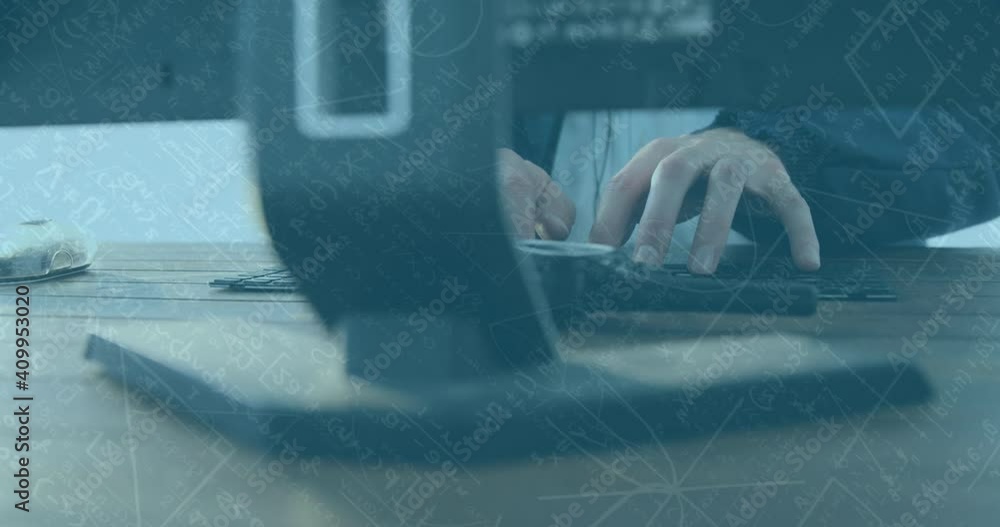 Poster animation of mathematical drawings and formulae over man using computer