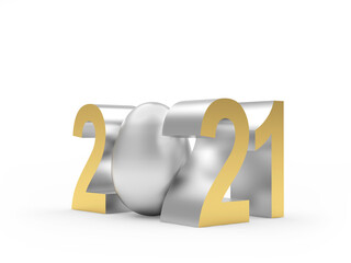 Number 2021 with a silver Easter egg isolated on white. 3d illustration 