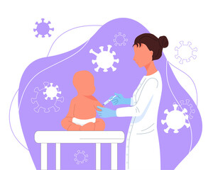Young woman pediatrician vaccinates one year old child. Children vaccination concept.