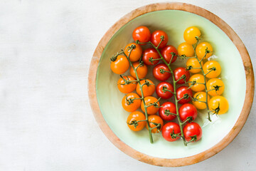 All color and colorful cherry tomatoes, high angle view of food background