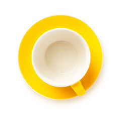 Yellow cup with saucer isolated on white, flat lay