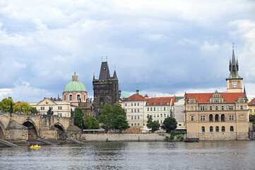 Fototapeta na wymiar Charles bridge Prague old town Vltava riverside cityscape Czech Republic