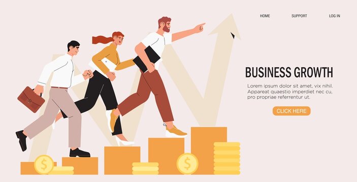 Business team walking success ladder or steps banner, web page. High potential and company developement, growth. Concept of business success, leadership, innovation. Characters follow growing arrow.
