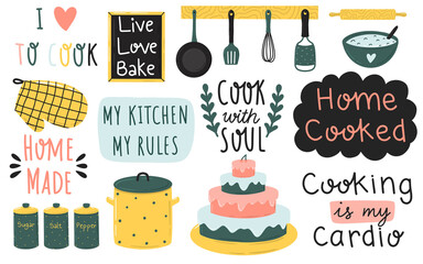 Lamas personalizadas con tu foto Collection of cooking related phrases and doodle drawings isolated on white background. Hand drawn vector elements for print and design.
