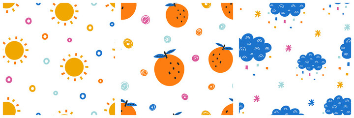 Abstract seamless pattern collection with sun, oranges and clouds with rainbows and abstract elements isolated on white background. Colorful minimalist style vector illustration.