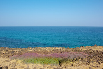 Scenic view of isolated deserted Atlantic Ocean volcanic rocky coast with sea water background