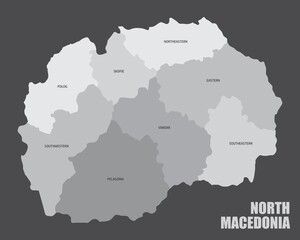 The North Macedonia isolated map divided in regions with labels