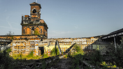 view of the old town, abandoned clock tower and mill
