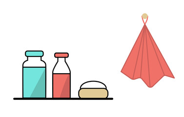 Set of shampoos, soap and towels on a white background.