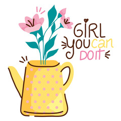 girls can lettering with roses in sprinkler vector illustration design