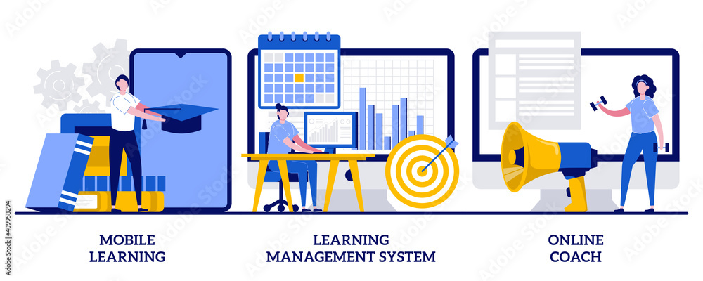 Poster mobile learning application, online coach concept with tiny people. learning management system abstr