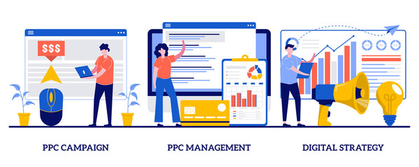 Obraz na płótnie Canvas PPC campaign management, digital strategy concept with tiny people. Digital marketing plan vector illustration set. Pay-per-click, internet marketing tools, online ad, targeted promotion metaphor