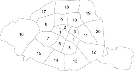 Simple vector white map with black borders and numbers of arrondissements of Paris, France