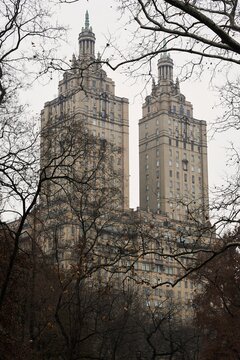 From below of towers of famous Sam Remo apartment buildings against overcast sky in New York