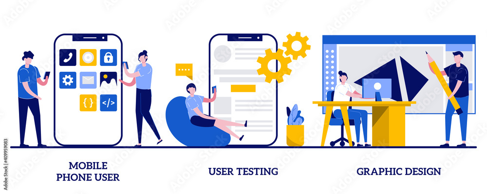 Poster mobile phone user, user testing, graphic design concept with tiny people. app creation steps abstrac