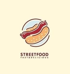 Street food stand logo design idea with juicy hot dog. Line art symbol layout for fast food restaurant. Vector icon illustration, sausage and loaf bread. Simple minimalist emblem.