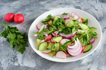 mixed salad with cucumber garden radish and onion and parsley on the concrete background