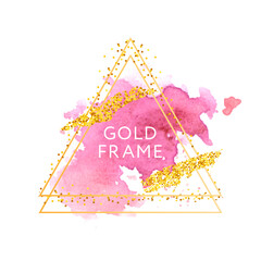Pink, rose, nude and golden brush strokes in gold hexagon frame on a white background. Vector design template for banner, card, cover, web, flyer, poster.