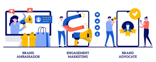 Brand advocate and ambassador, engagement marketing concept with tiny people. Internet marketing abstract vector illustration set. Brand representative, trademark, smm marketing strategy metaphor