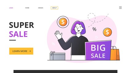E-commerce and super Sale concept. Website, webpage, landing page template. Minimal style flat cartoon vector illustrartion