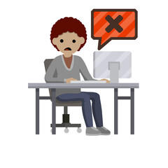 Error message in computer. Shocked woman sit at table with monitor. Hacking data system. Cartoon flat illustration. Office work and freelance. Virus and bug. Problem with program