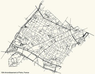 Black simple detailed street roads map on vintage beige background of the neighbourhood quinzième, 15th arrondissement of Paris, France