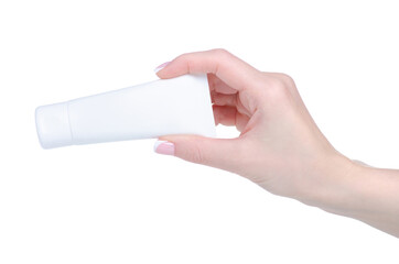 White tube of cream beauty in hand on white background isolation
