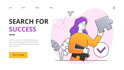 Search for success abstract concept. Outline minimal style cartoon vector illustration with fictional character. Website, webpage, landing page template.