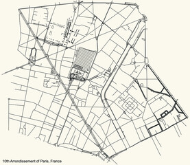 Black simple detailed street roads map on vintage beige background of the neighbourhood dixième, 10th arrondissement of Paris, France