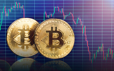 Bitcoin BTC Cryptocurrency Coins. Stock Market Concept. BTC to USD Real crypto metal golden coin. On background Exchange stock market trader pointing on the data on computer screen.