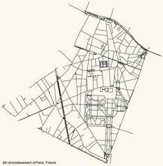 Black simple detailed street roads map on vintage beige background of the neighbourhood sixième, 6th arrondissement of Paris, France