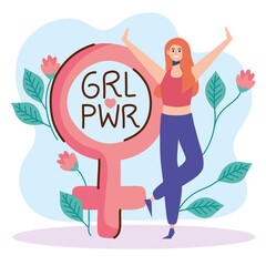 girl power lettering with woman and gender symbol vector illustration design