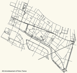 Black simple detailed street roads map on vintage beige background of the neighbourhood quatrième, 4th arrondissement of Paris, France