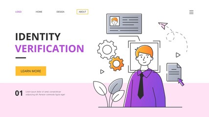Identity verification concept. Outline minimal style flat cartoon vector illustration with fictional character. Website, webpage, landing page template