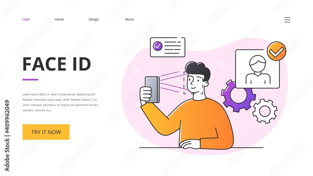 Poster identity verification concept. outline minimal style flat cartoon vector illustration with fictional