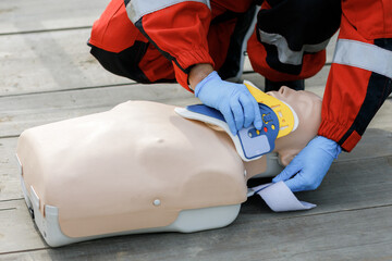 Rescue team. The man shows the provision of first aid in the educational process