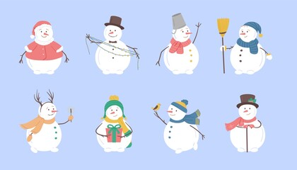 Cartoon Color Snowman Icons Set. Vector