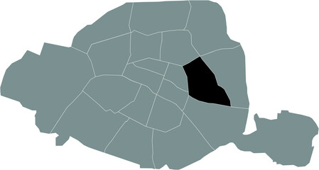 Naklejka premium Black location map of Parisian onzième, 11th arrondissement inside gray map of Paris, France