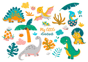 Collection of cute baby dinosaurs. Hand drawn brontosaurus, tyrannosaurus, pteronadon, pterodactyl, triceratops. Set of flat cartoon vector illustrations isolated on white background