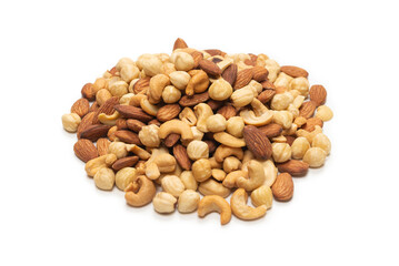 Mix of nuts isolated on white background. Top view.