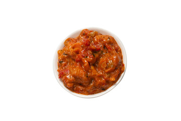 Vegetable stew in a bowl isolated on white background.