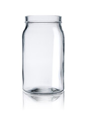 Empty glass jar without a lid. Isolated on a white background with reflection