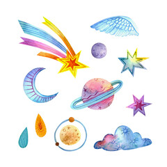 Obraz premium Set of watercolor elements isolated on white background (stylized watercolor planets, shooting star, cloud, stars, drops, moon)